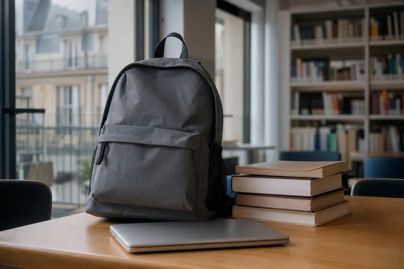 Sac à dos et livres posés sur une table de bibliothèque