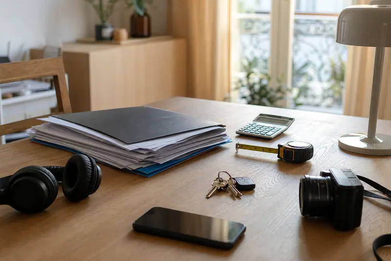 Documents et objets du foyer posés sur une table pour estimer une assurance habitation.
