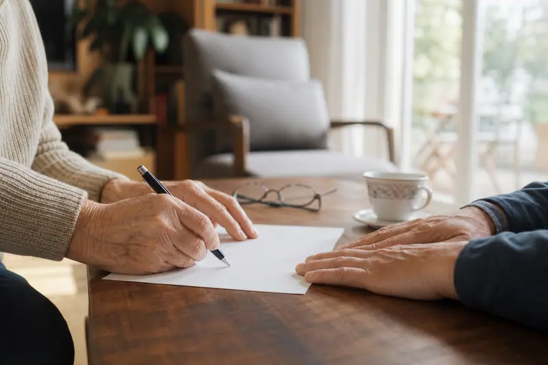 Mains d’une personne âgée tenant un stylo près des mains d’un proche sur une table