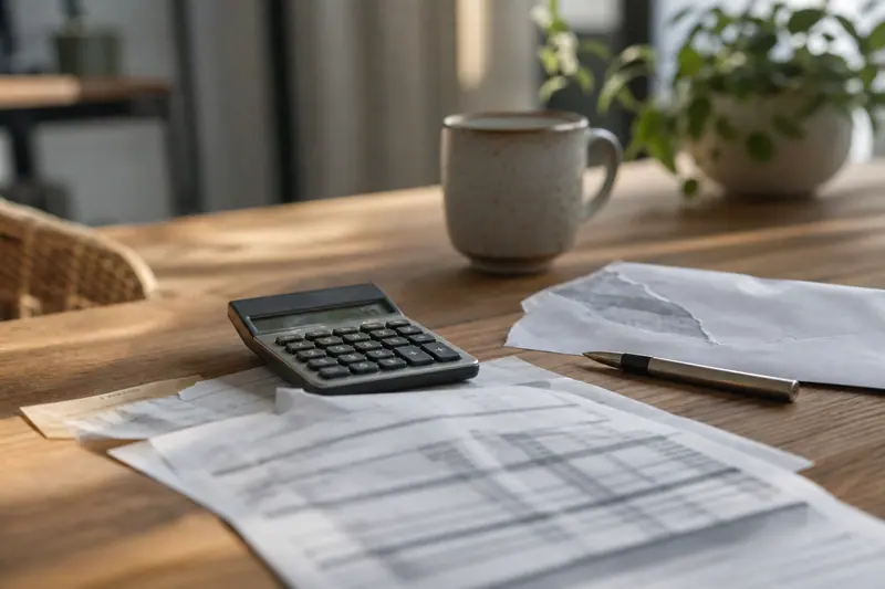 Ancien relevé bancaire, calculatrice et enveloppe sur une table en bois.