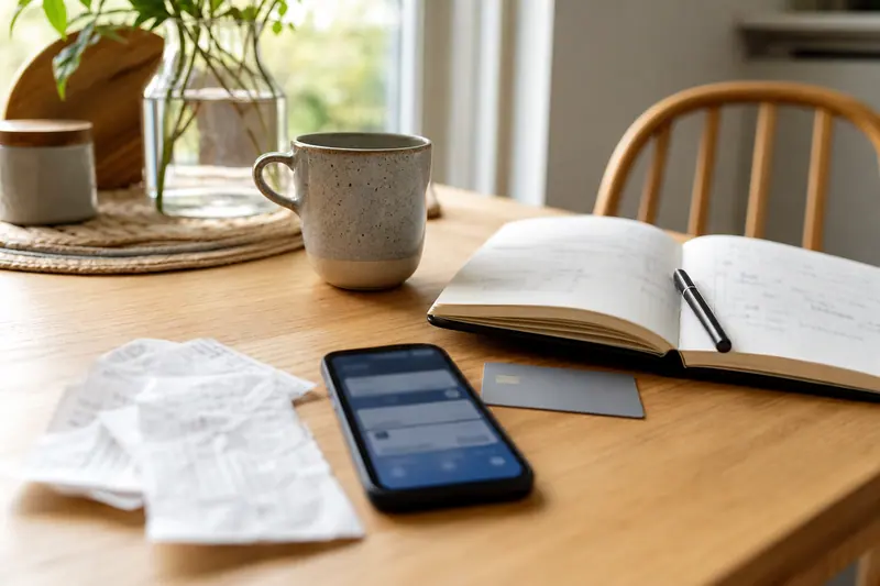 Comparaison d’un compte bancaire sur smartphone avec carte et budget domestique.
