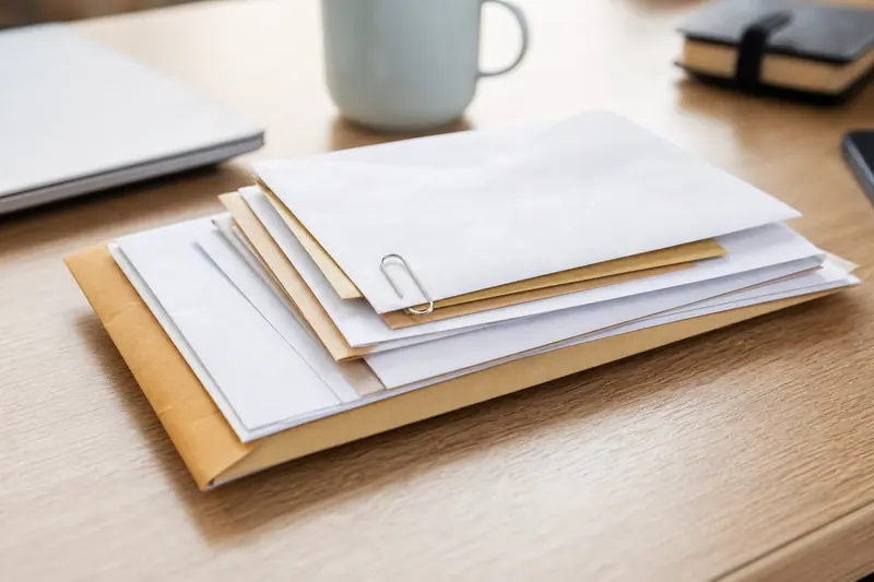 Plusieurs enveloppes administratives attachées ensemble sur un bureau