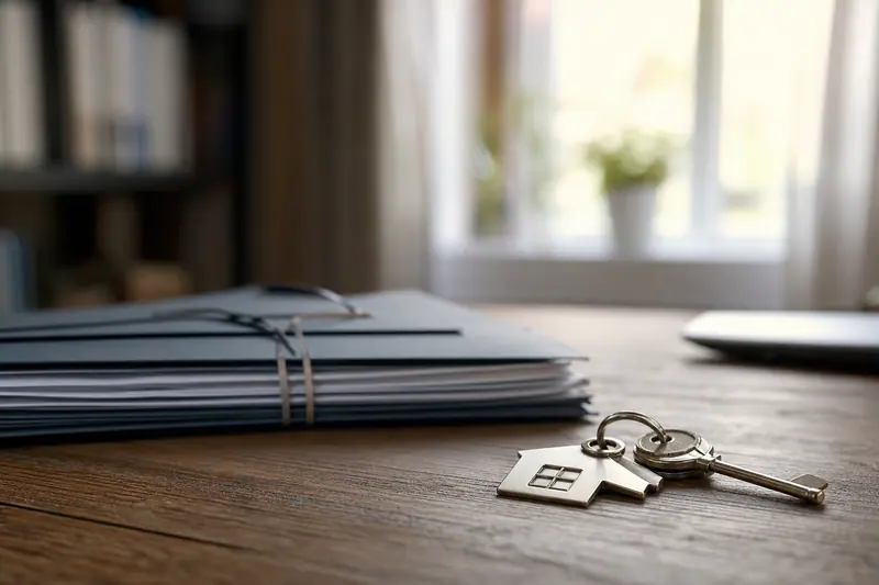Clés de maison posées près de documents notariés fermés