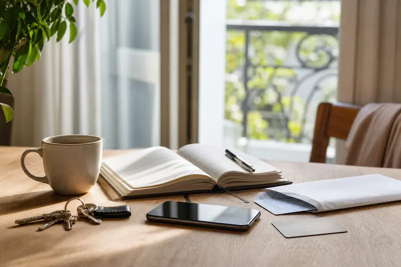 Téléphone, carte bancaire et documents posés sur une table de cuisine.