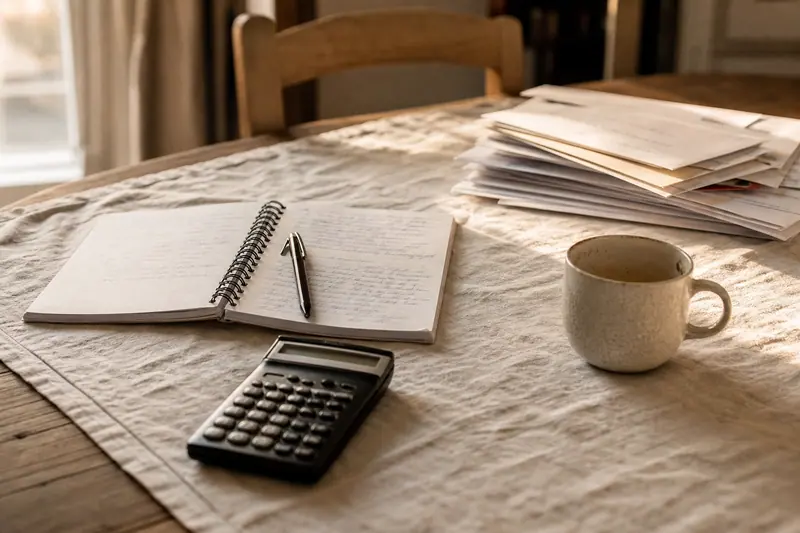 Carnet ouvert, stylo et calculatrice posés sur une table en bois près d’une tasse de café