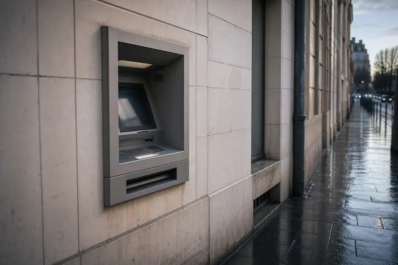 Distributeur automatique de billets encastré dans une façade de rue en fin de journée