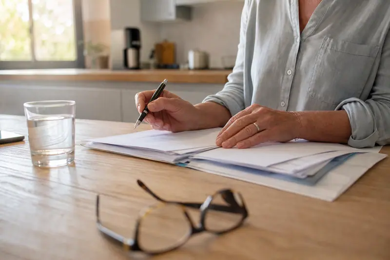 Mains hésitant à signer un dossier de documents posé sur une table