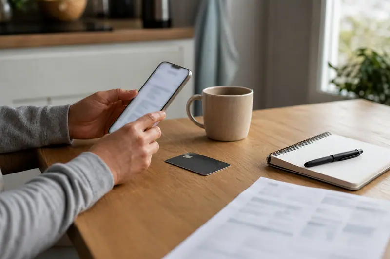 Mains consultant une application bancaire sur smartphone devant des documents de compte.
