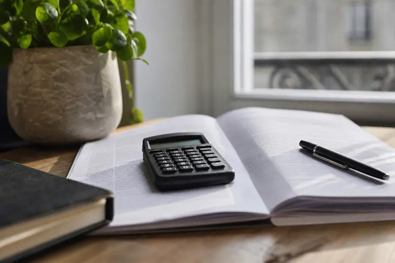 Calculatrice posée sur un document contractuel avec un stylo