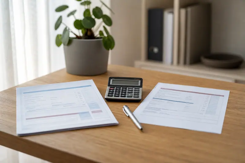 Deux documents de simulation de crédit posés côte à côte avec une calculatrice