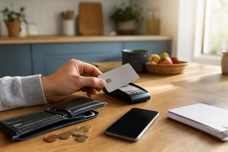 Main tenant une carte de paiement près d’un terminal sur une table.