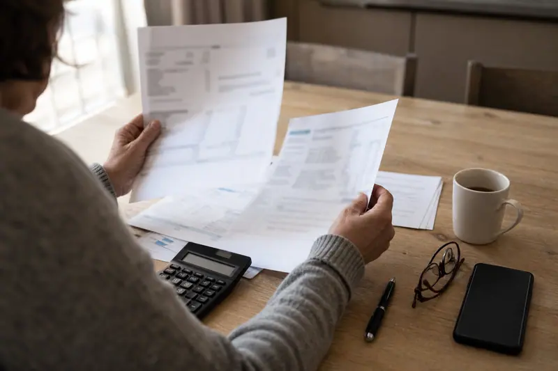 Personne comparant des relevés bancaires avec calculatrice sur une table de cuisine.