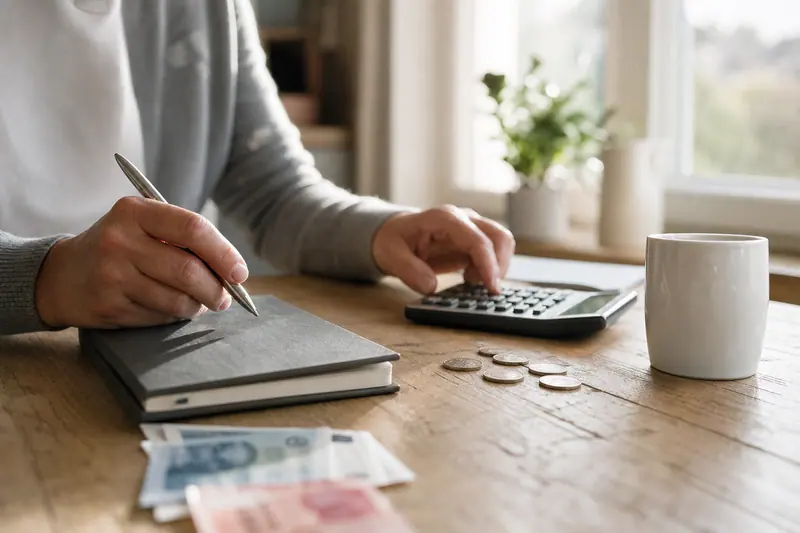 Personne calculant son épargne sur une table avec carnet et calculatrice.