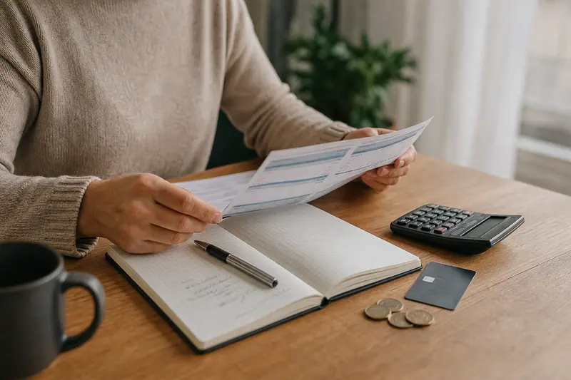 Personne calculant son budget avec relevé, carte bancaire et calculatrice sur une table.