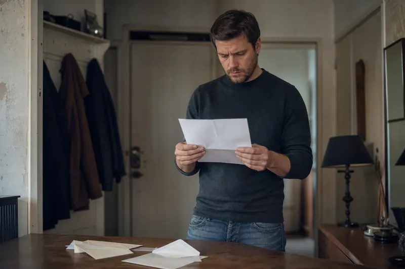 Homme lisant un courrier de relance inattendu debout dans son entrée