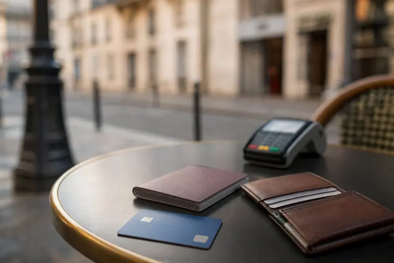 Carte bancaire et passeport posés près d’un terminal de paiement en voyage