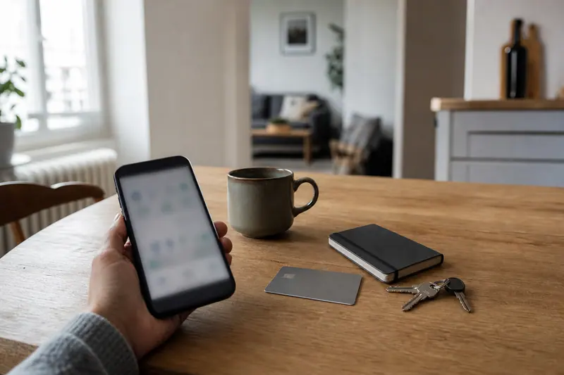 Main utilisant une application bancaire sur smartphone près d’un carnet et d’une carte