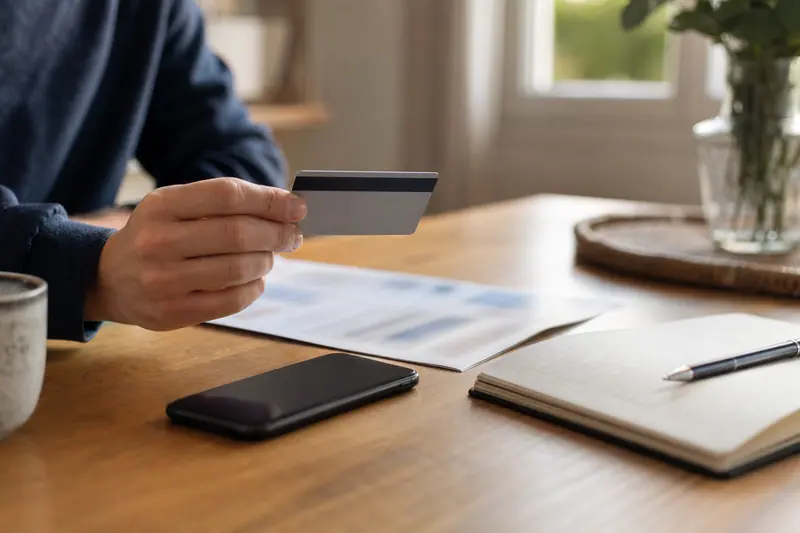 Main tenant une carte près d’un relevé bancaire et d’un téléphone.