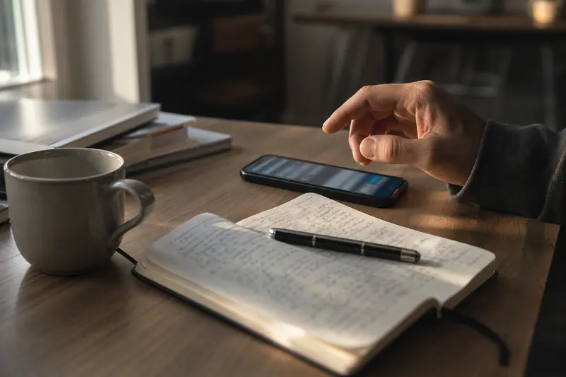 Main hésitante au-dessus d’un smartphone bancaire posé près d’un carnet et d’un stylo.