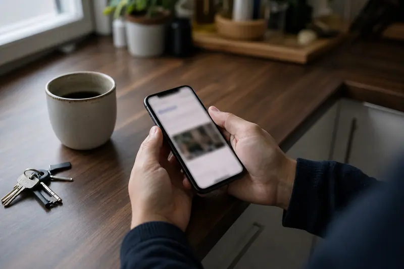 Personne consultant son application bancaire sur un smartphone dans une cuisine lumineuse