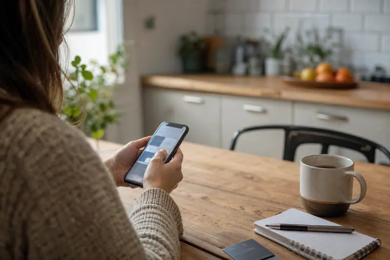 Personne consultant une application bancaire sur son téléphone à table