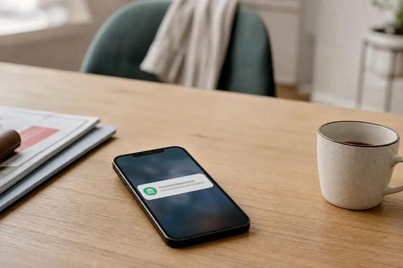 Smartphone affichant une notification bancaire posé sur une table