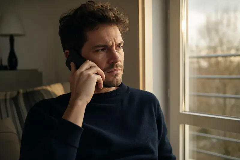 Personne tenant un téléphone à l'oreille avec une expression méfiante