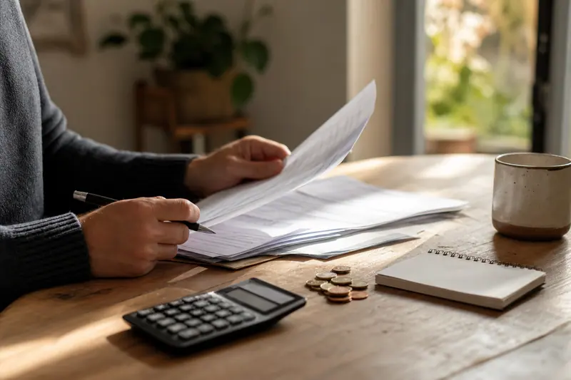 Mains examinant un dossier bancaire et une calculatrice sur une table en bois.