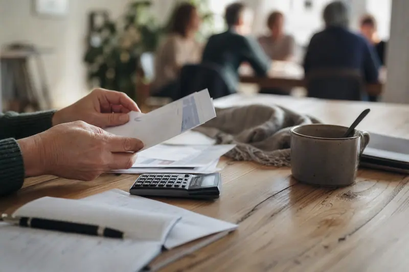 Mains comparant des documents financiers et une calculatrice sur une table en bois